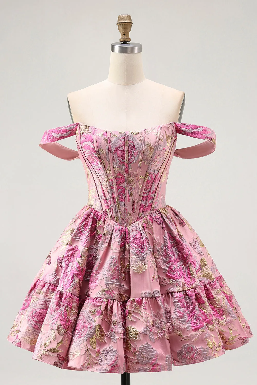 Cute Blush A-Line Corset Floral Brocade Mini Homecoming Dress sold by Wedtrend product image thumbnail 3