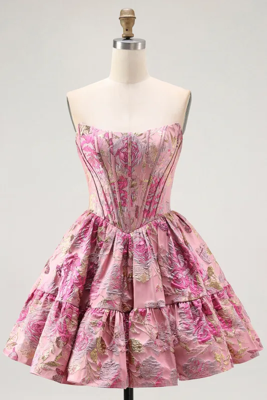 Cute Blush A-Line Corset Floral Brocade Mini Homecoming Dress made by Wedtrend