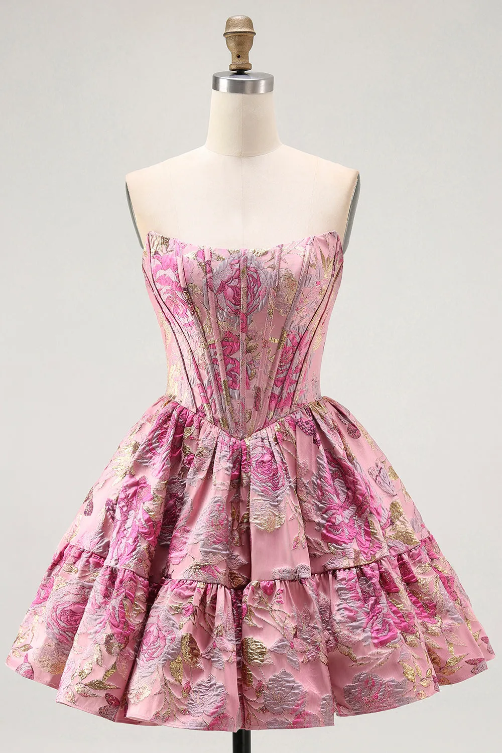 Cute Blush A-Line Corset Floral Brocade Mini Homecoming Dress sold by Wedtrend