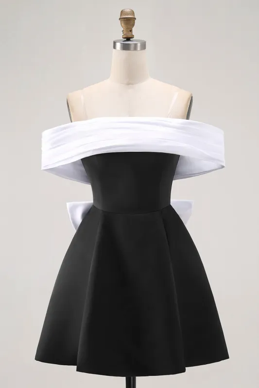 Black A-Line Off The Shoulder Mini Homecoming Dress with Bow sold by Wedtrend