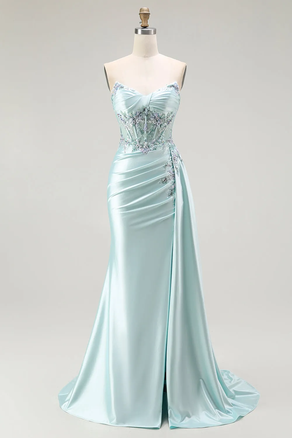Light Green Mermaid Strapless Beaded Corset Long Prom Dress with Streamer sold by Wedtrend