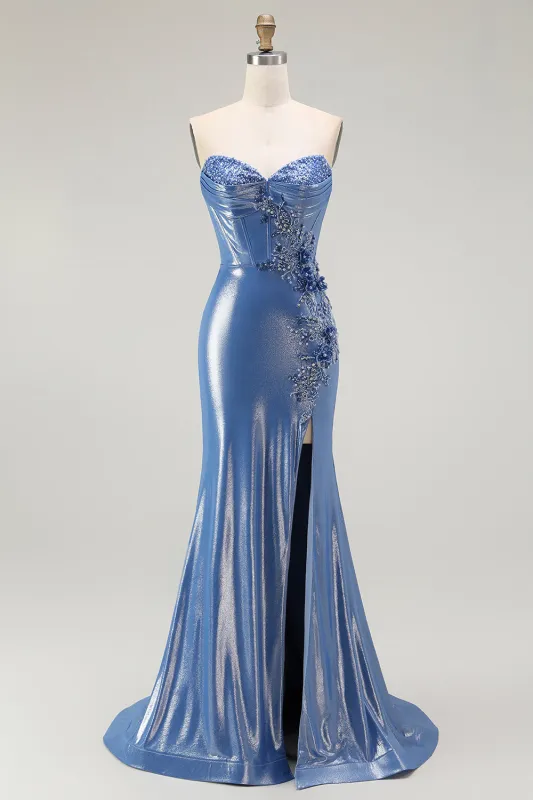 Blue Strapless Beaded Metallic Mermaid Corset Prom Dress with Slit made by Wedtrend