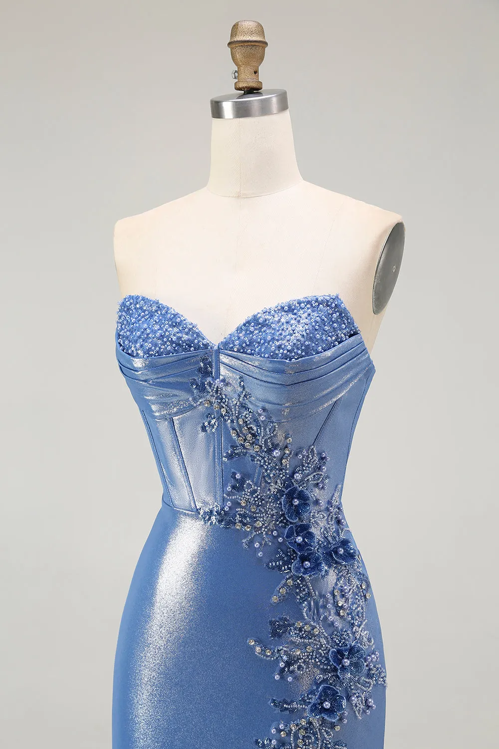 Blue Strapless Beaded Metallic Mermaid Corset Prom Dress with Slit sold by Wedtrend product image thumbnail 5