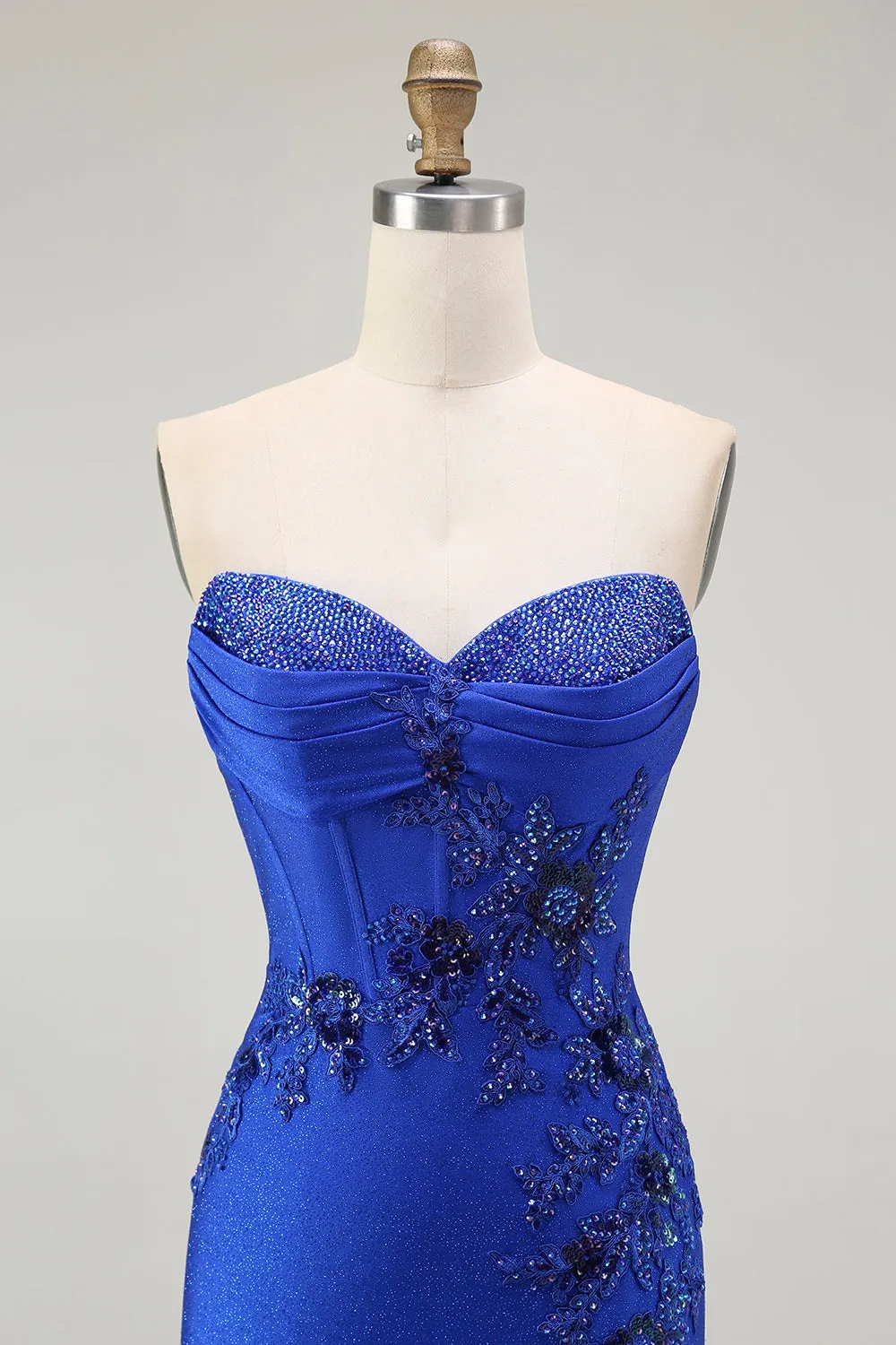 Royal Blue Strapless Mermaid Beaded Corset Prom Dress with Slit sold by Wedtrend product image thumbnail 4