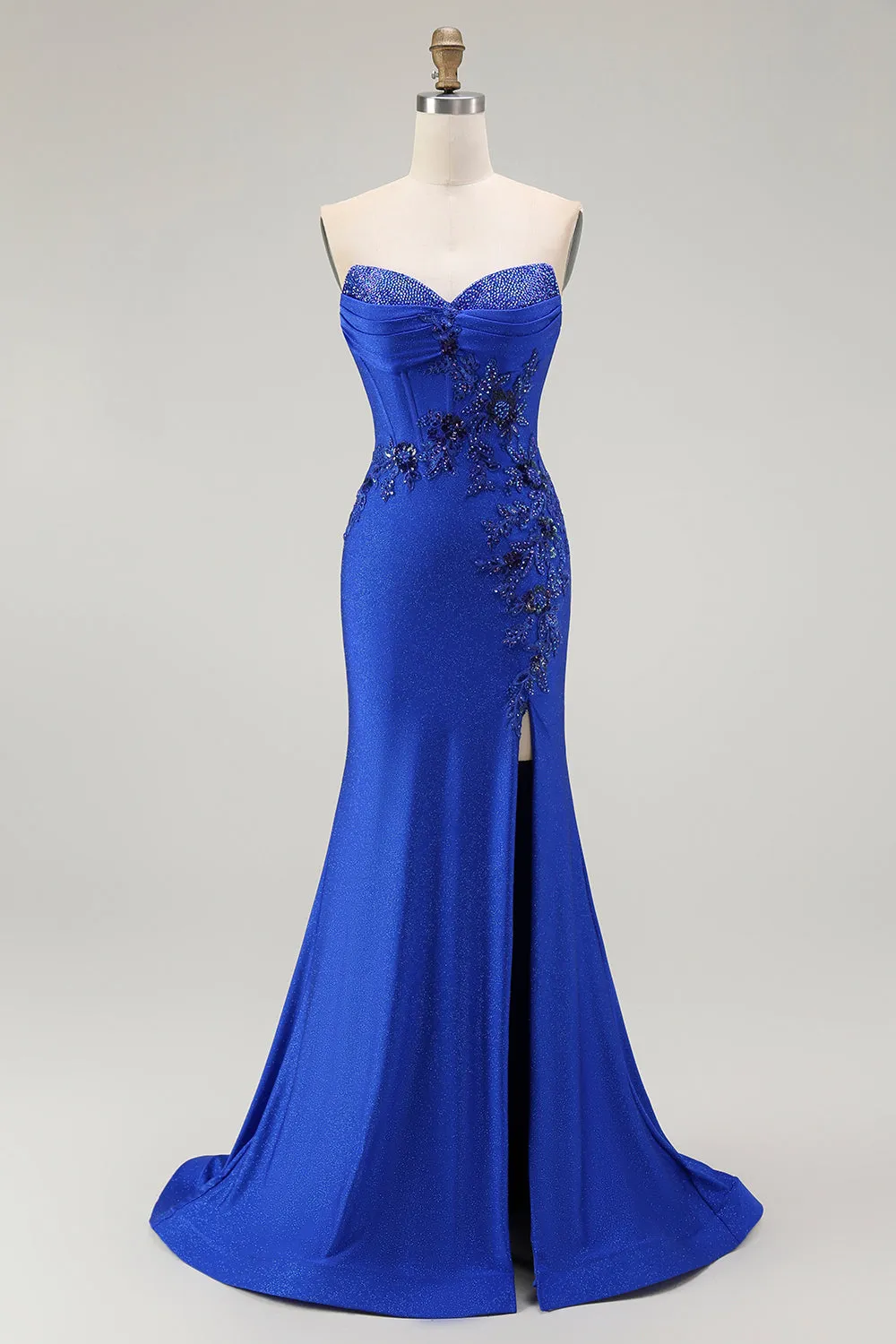 Royal Blue Strapless Mermaid Beaded Corset Prom Dress with Slit sold by Wedtrend