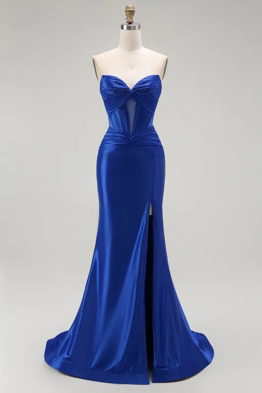 Strapless Royal Blue Beaded Mermaid Corset Long Prom Dress with Slit sold by Wedtrend