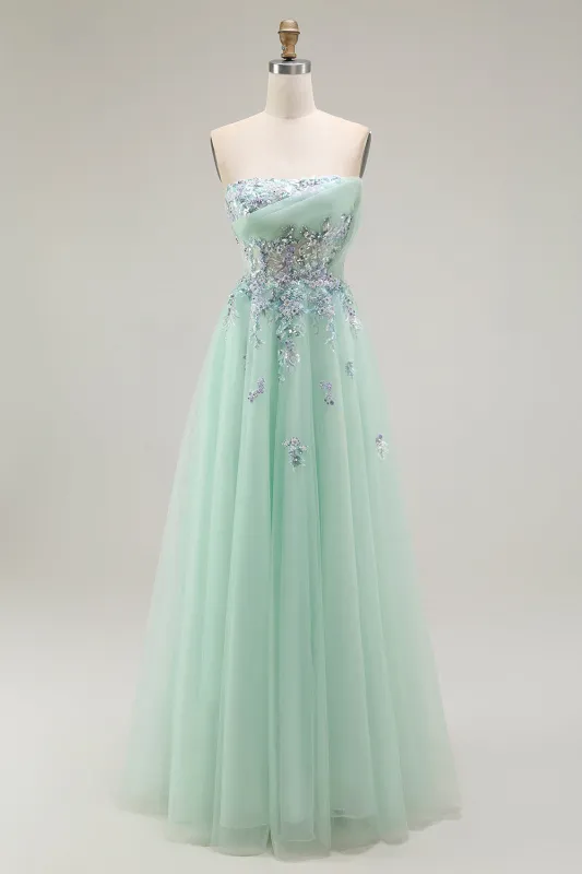 Green A-Line Strapless Appliqued Tulle Long Prom Dress with Sequins made by Wedtrend