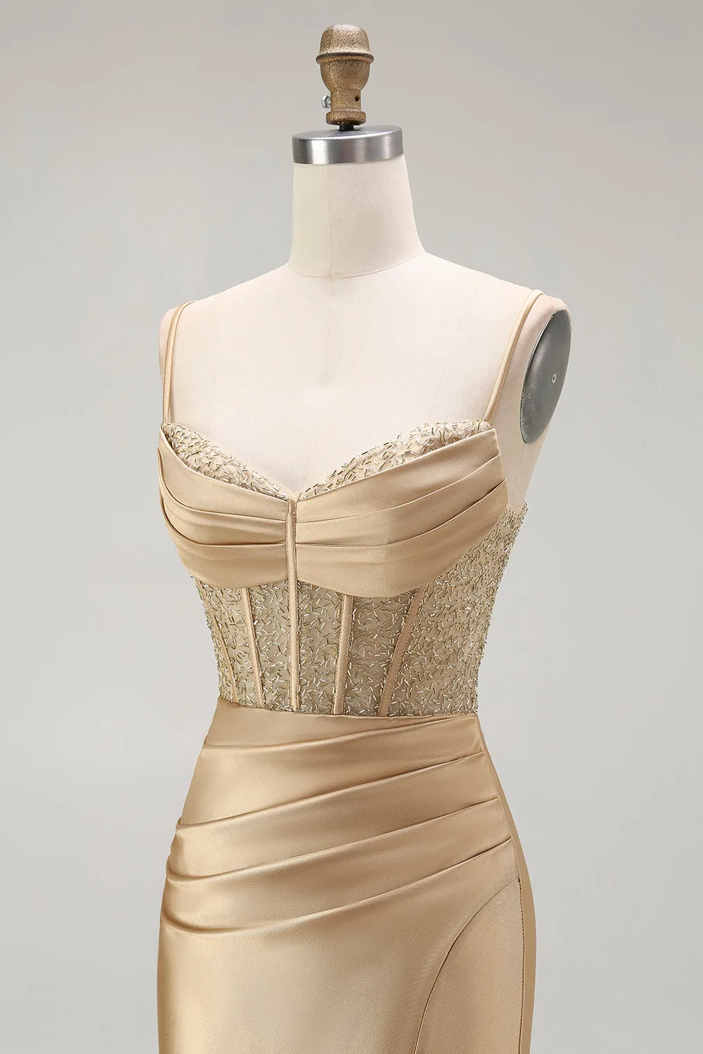 Golden Spaghetti Straps Mermaid Ruched Corset Long Prom Dress with Slit sold by Wedtrend product image thumbnail 5