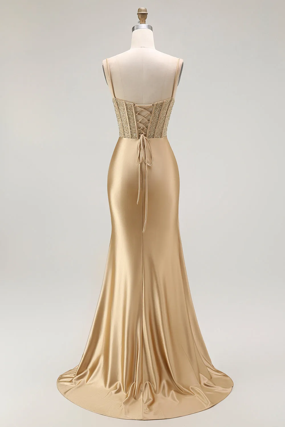 Golden Spaghetti Straps Mermaid Ruched Corset Long Prom Dress with Slit sold by Wedtrend product image thumbnail 2