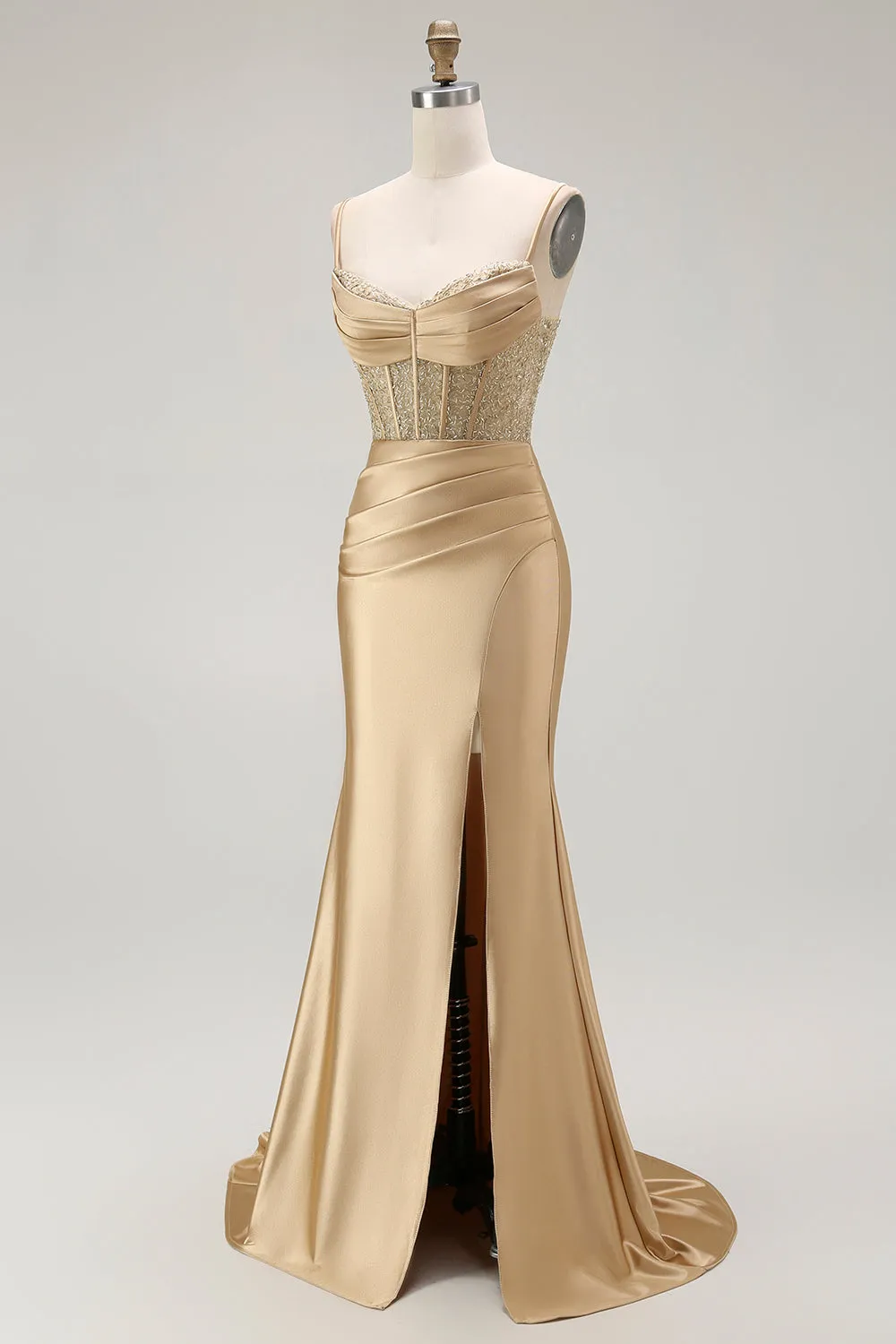 Golden Spaghetti Straps Mermaid Ruched Corset Long Prom Dress with Slit sold by Wedtrend product image thumbnail 3