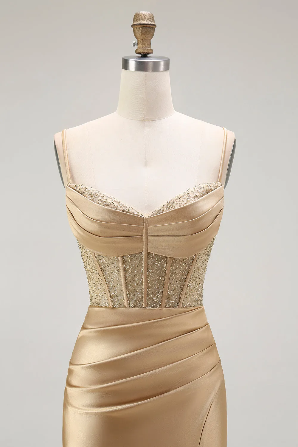 Golden Spaghetti Straps Mermaid Ruched Corset Long Prom Dress with Slit sold by Wedtrend product image thumbnail 4