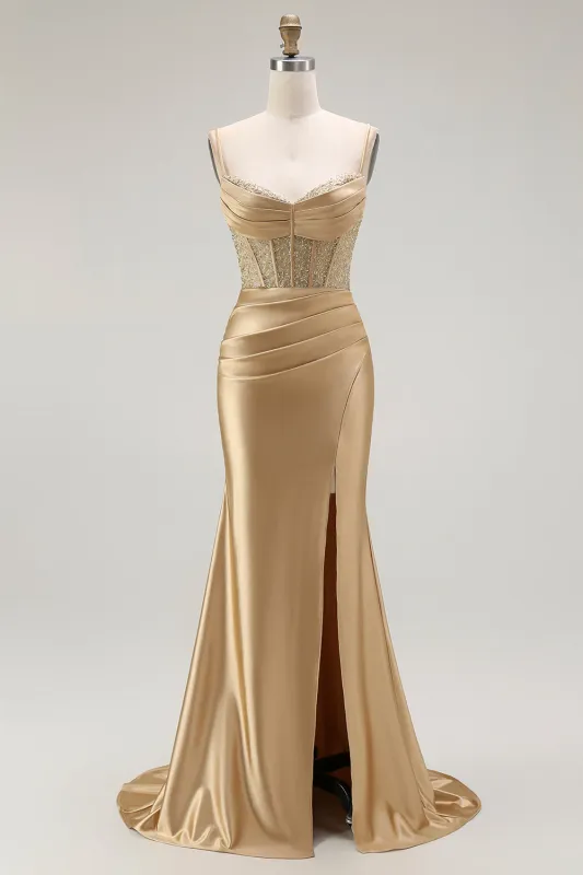 Golden Spaghetti Straps Mermaid Ruched Corset Long Prom Dress with Slit made by Wedtrend