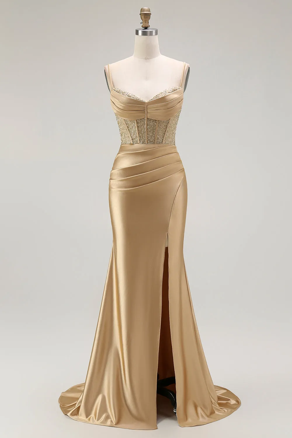 Golden Spaghetti Straps Mermaid Ruched Corset Long Prom Dress with Slit sold by Wedtrend