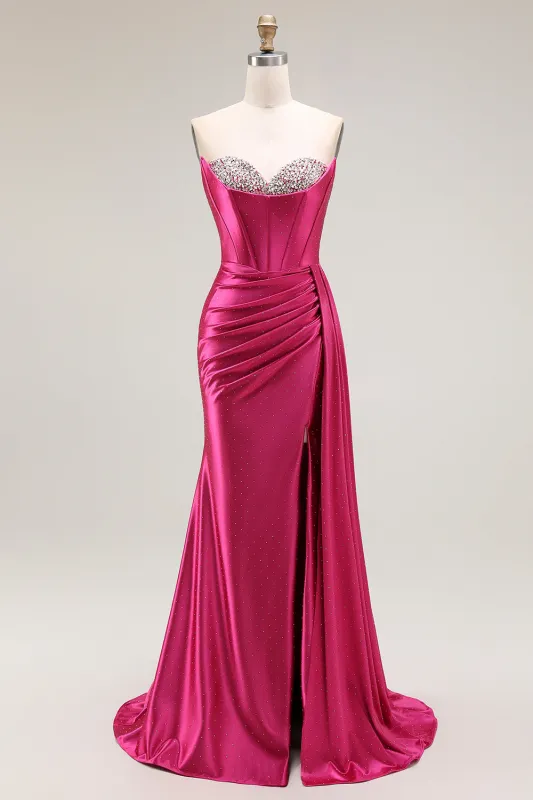 Fuchsia Sweetheart Mermaid Beaded Corset Long Prom Dress with Side Slit made by Wedtrend