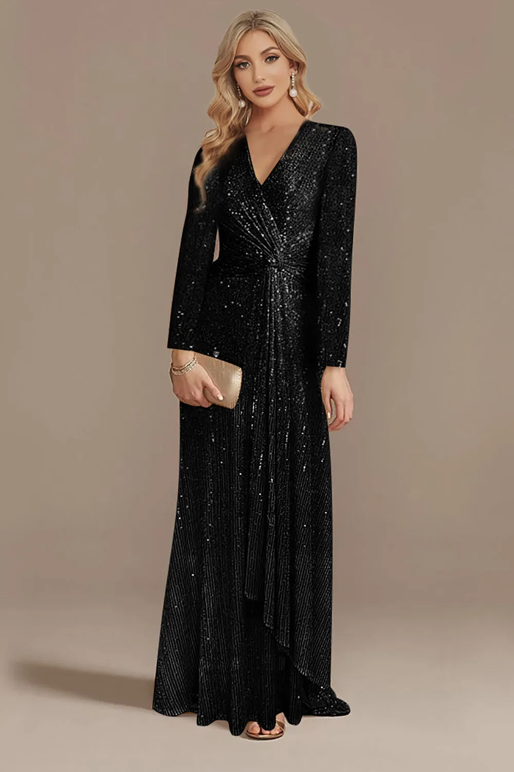 Sparkly Navy A-Line V-Neck Mother Of Bride Dress with Long Sleeves sold by Wedtrend product image thumbnail 3