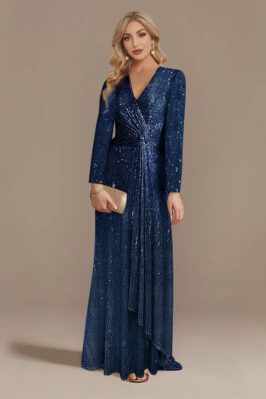 Sparkly Navy A-Line V-Neck Mother Of Bride Dress with Long Sleeves made by Wedtrend