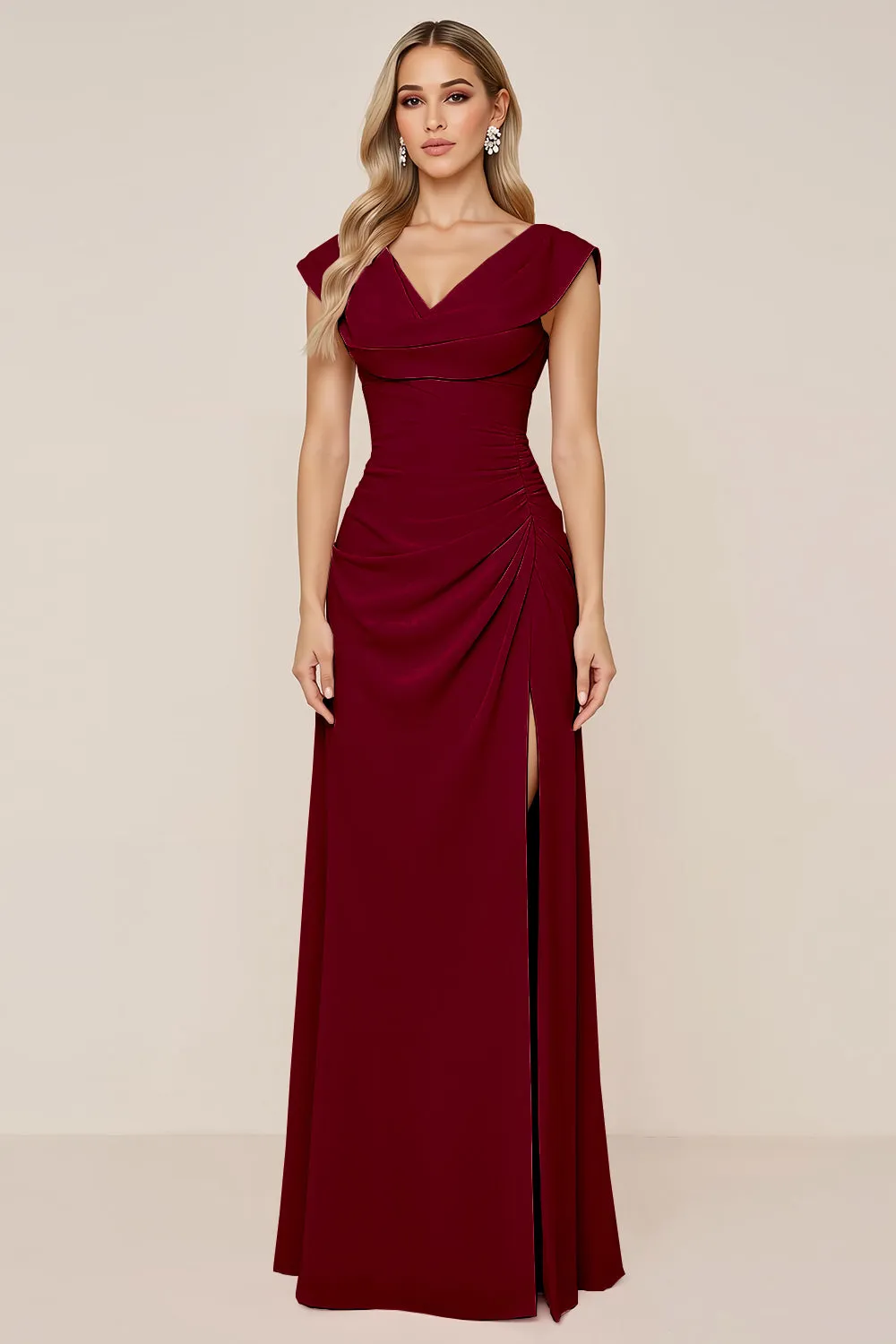 Burgundy A Line Cowl Neck Long Bridesmaid Dress with Slit sold by Wedtrend