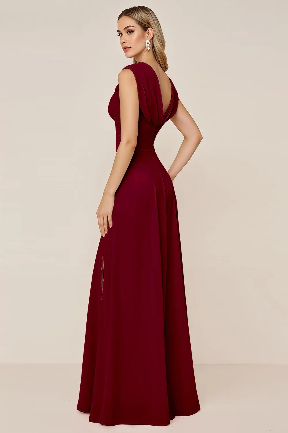 Burgundy A Line Cowl Neck Long Bridesmaid Dress with Slit sold by Wedtrend product image thumbnail 2