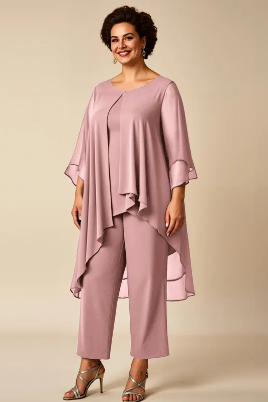 Dusty Rose 2 Piece Round Neck Chiffon Mother of the Bride Pant Suits made by Wedtrend