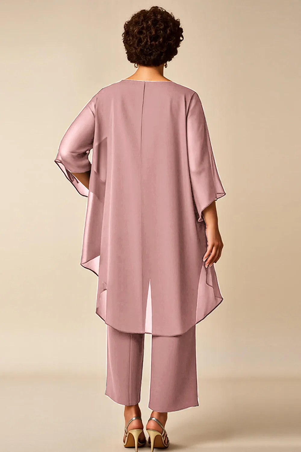 Dusty Rose 2 Piece Round Neck Chiffon Mother of the Bride Pant Suits sold by Wedtrend product image thumbnail 2