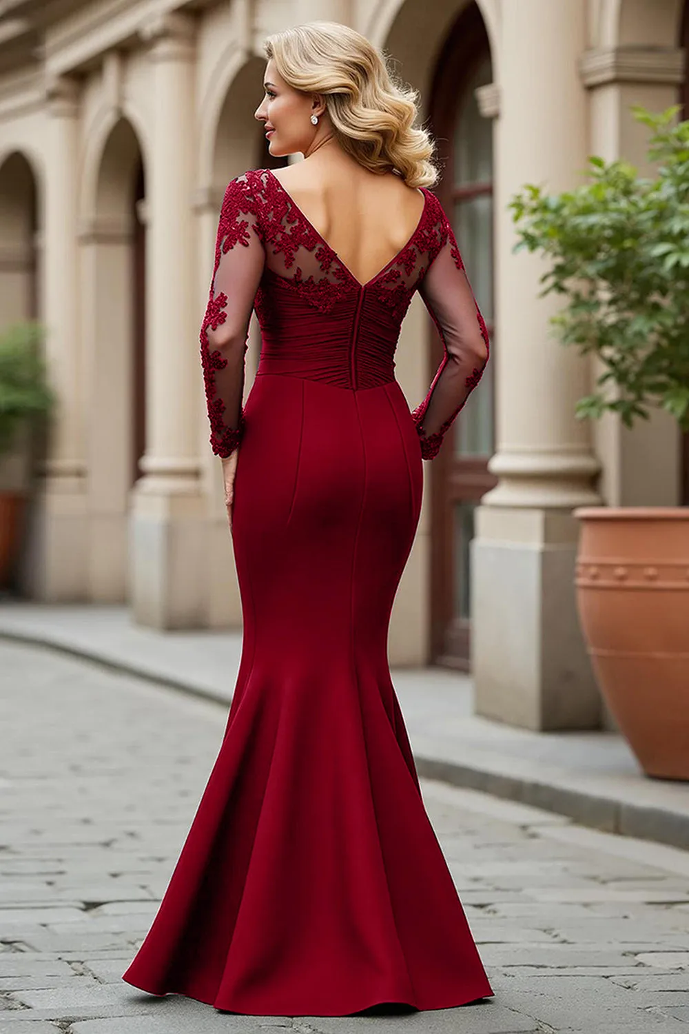 Black Mermaid V-Neck Appliqued Mother Of Bride Dress with Long Sleeves sold by Wedtrend product image thumbnail 4