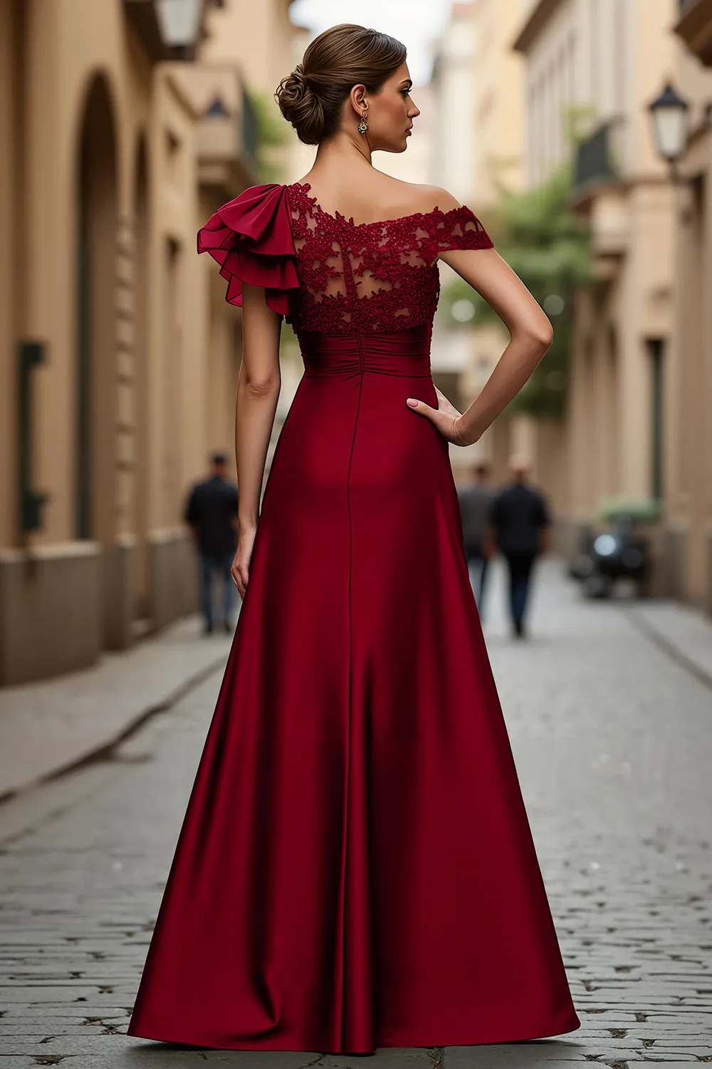 Burgundy A-Line Asymmetrical Neck Long Mother Of Bride Dress with Appliques sold by Wedtrend product image thumbnail 2