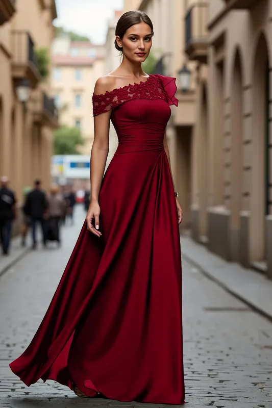 Burgundy A-Line Asymmetrical Neck Long Mother Of Bride Dress with Appliques sold by Wedtrend
