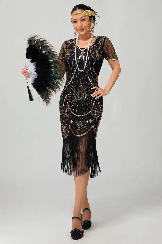 Beaded Black Golden Fringed Bodycon 1920s Dress sold by Wedtrend