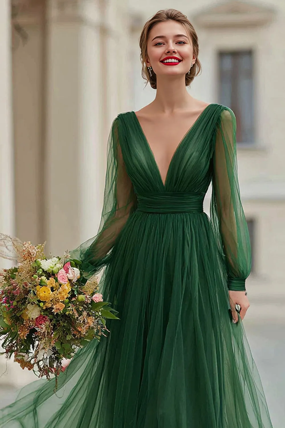 Elegant Dark Green A-Line V-Neck Pleated Bridesmaid Dress sold by Wedtrend product image thumbnail 2