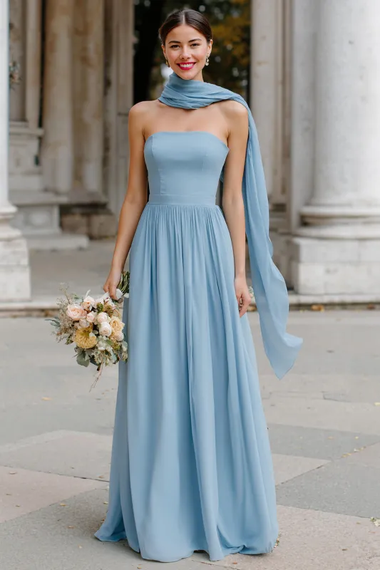 Dusty Blue Strapless Chiffon A-Line Long Bridesmaid Dress made by Wedtrend