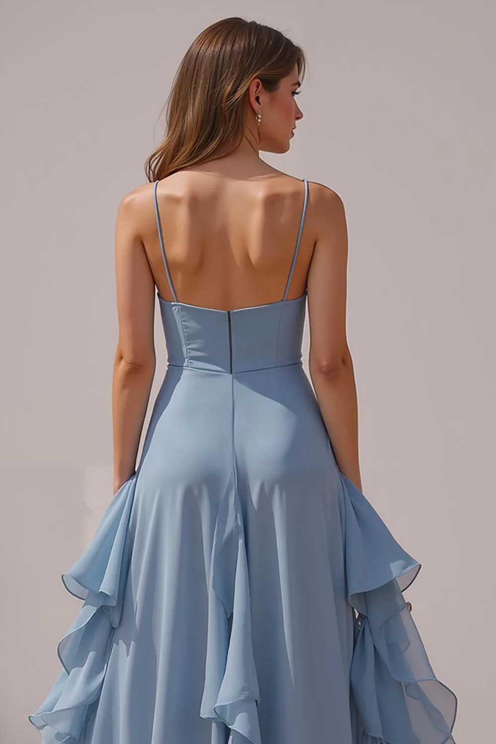 Dusty Blue Spaghetti Straps Chiffon A-Line Ruffled Bridesmaid Dress sold by Wedtrend product image thumbnail 4
