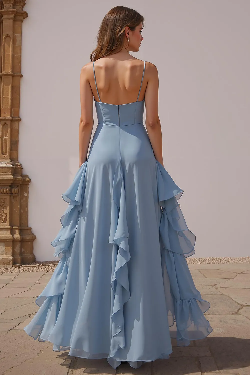 Dusty Blue Spaghetti Straps Chiffon A-Line Ruffled Bridesmaid Dress sold by Wedtrend product image thumbnail 2