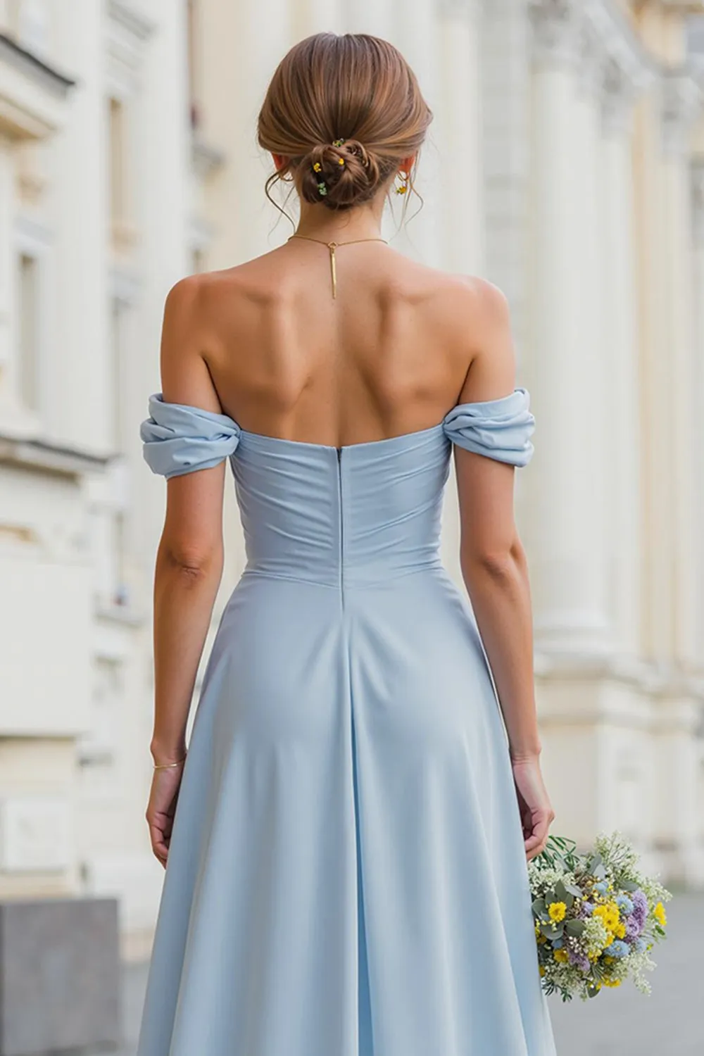 Sky Blue Off The Shoulder Chiffon A-Line Bridesmaid Dress with Slit sold by Wedtrend product image thumbnail 4