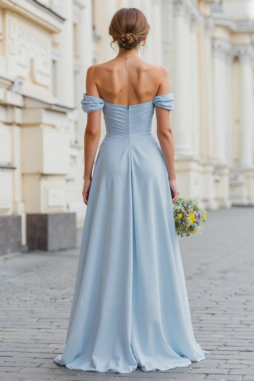 Sky Blue Off The Shoulder Chiffon A-Line Bridesmaid Dress with Slit sold by Wedtrend product image thumbnail 2