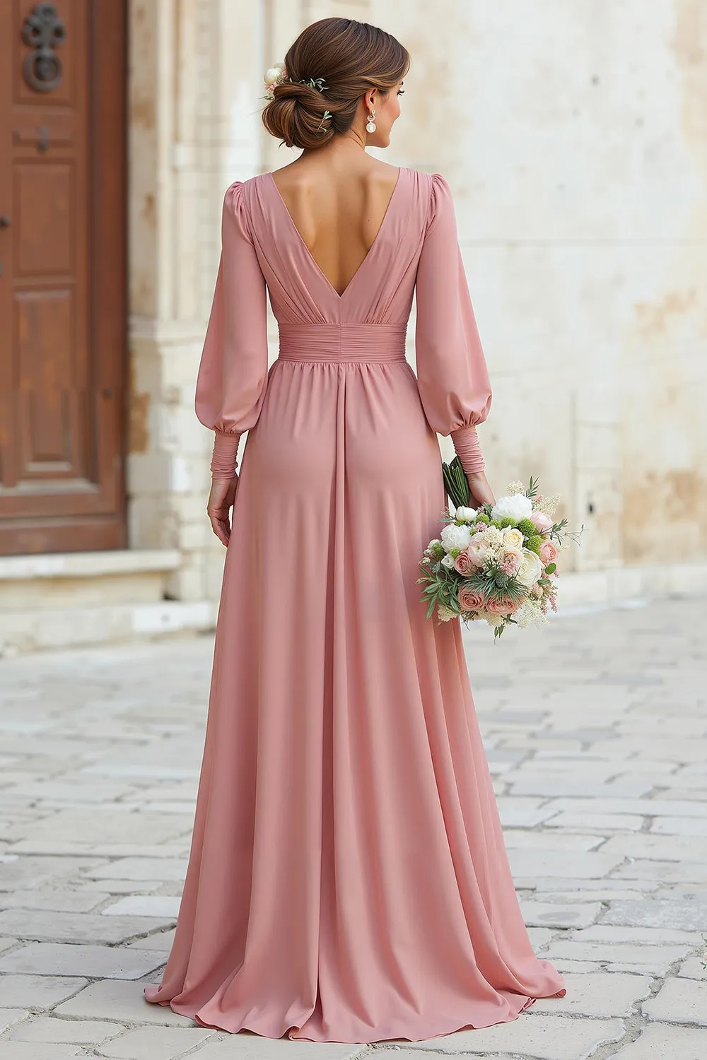Elegant A-Line V-Neck Dusty Rose Bridesmaid Dress with Long Sleeves sold by Wedtrend product image thumbnail 2