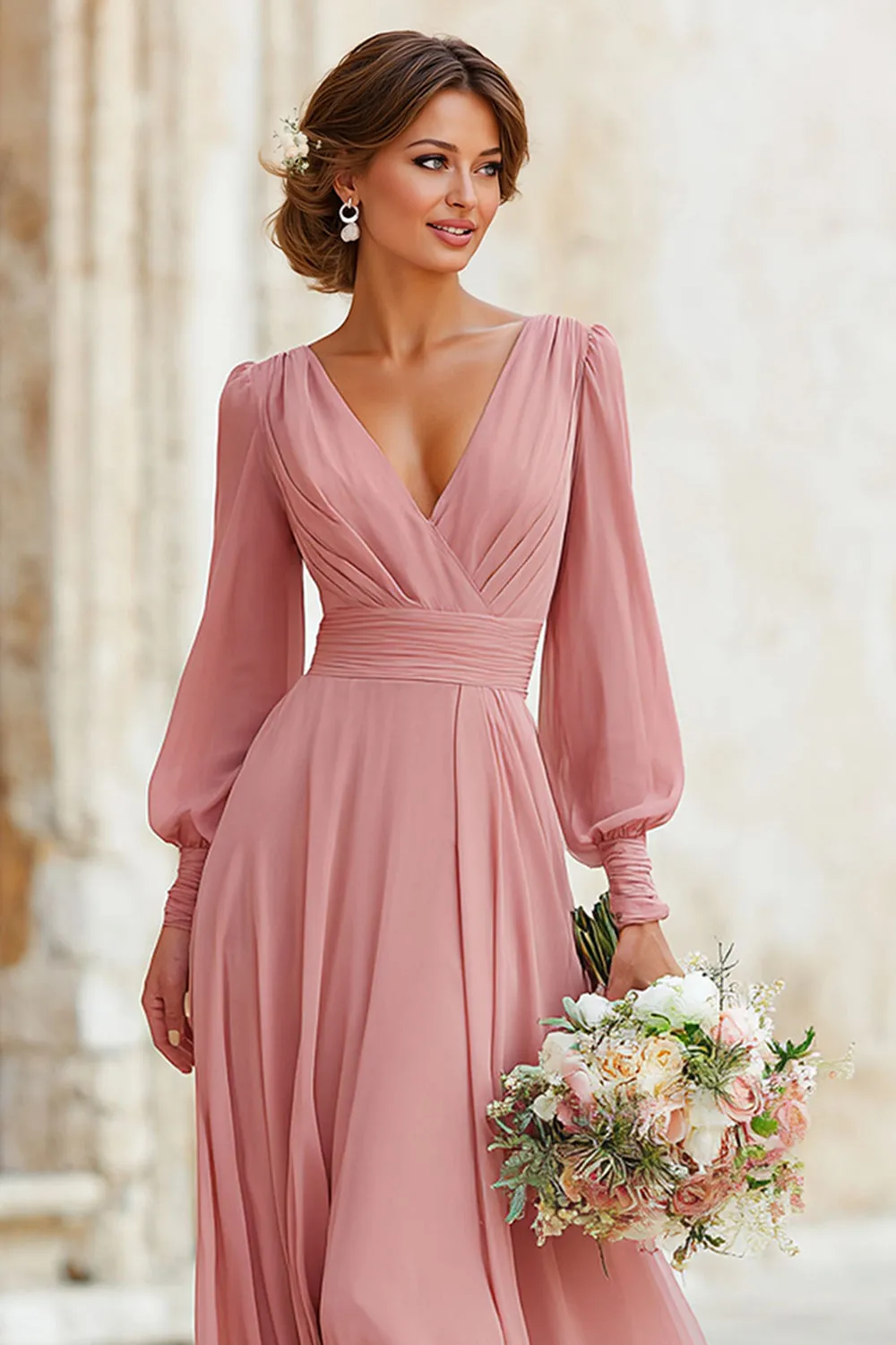 Elegant A-Line V-Neck Dusty Rose Bridesmaid Dress with Long Sleeves sold by Wedtrend product image thumbnail 3