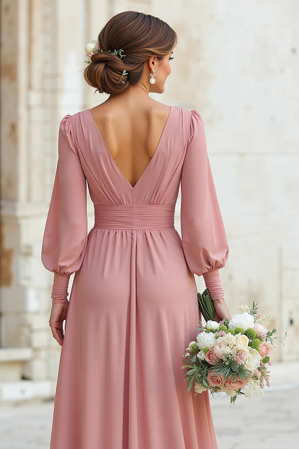 Elegant A-Line V-Neck Dusty Rose Bridesmaid Dress with Long Sleeves sold by Wedtrend product image thumbnail 4