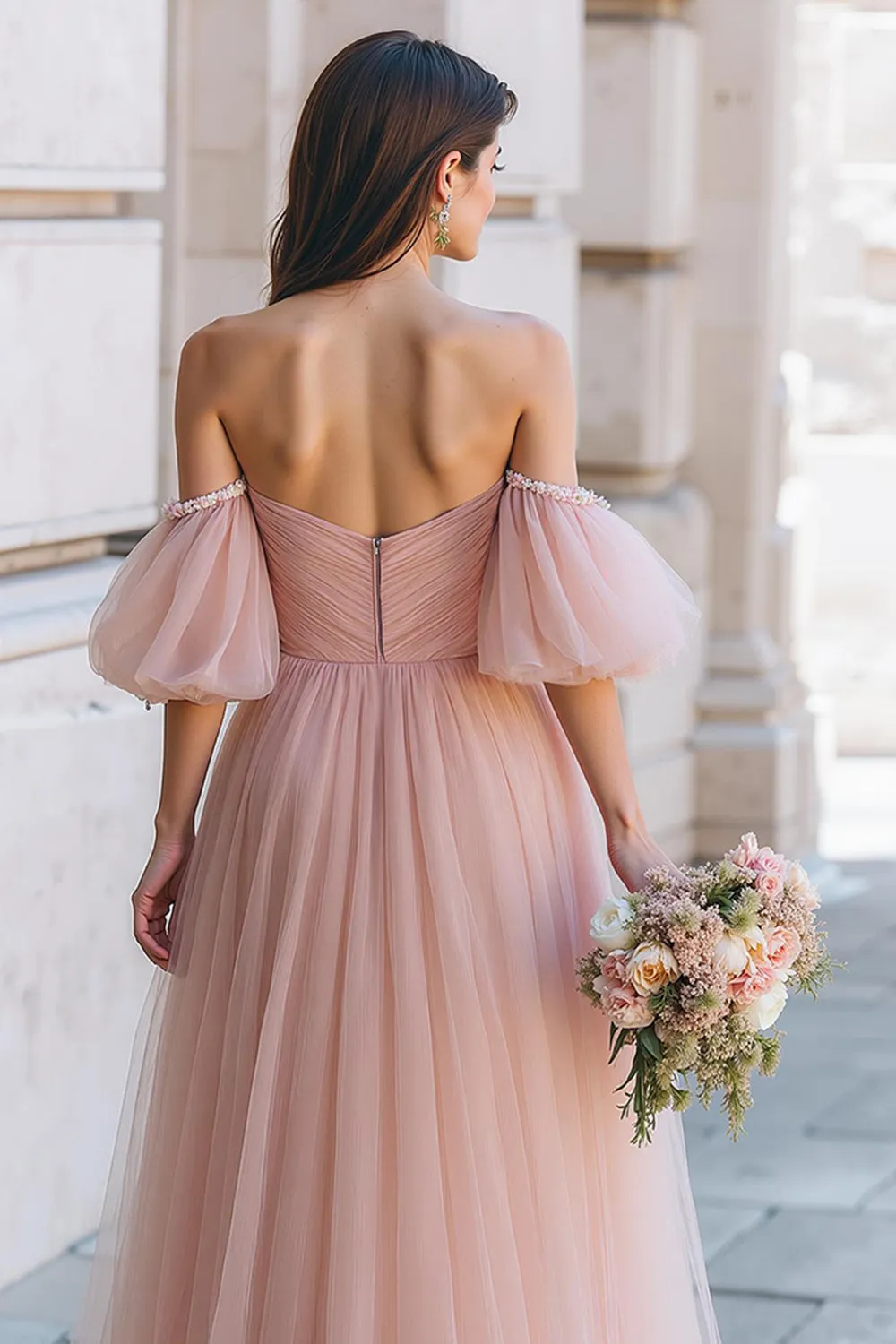 Off The Shoulder A-Line Dusty Rose Tulle Long Bridesmaid Dress with Flutter Sleeves sold by Wedtrend product image thumbnail 4