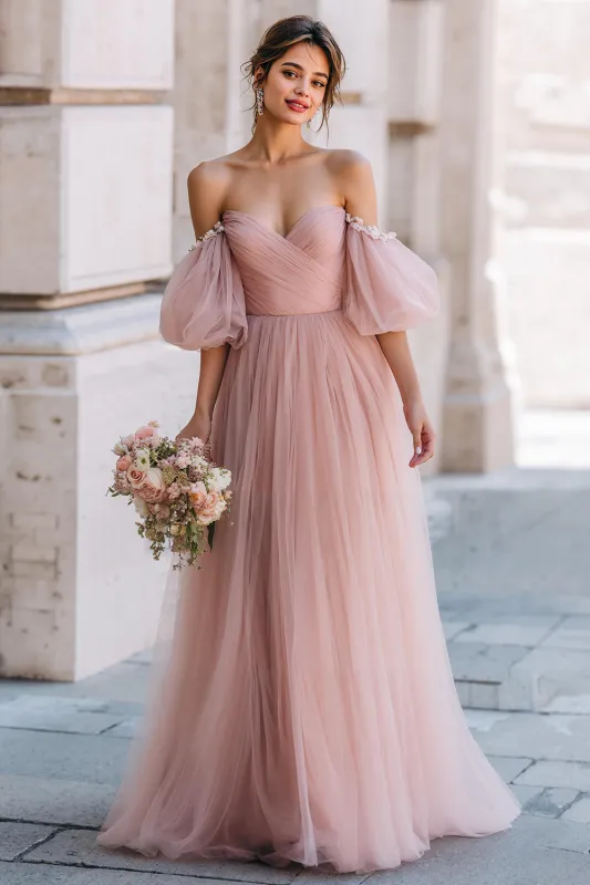 Off The Shoulder A-Line Dusty Rose Tulle Long Bridesmaid Dress with Flutter Sleeves sold by Wedtrend
