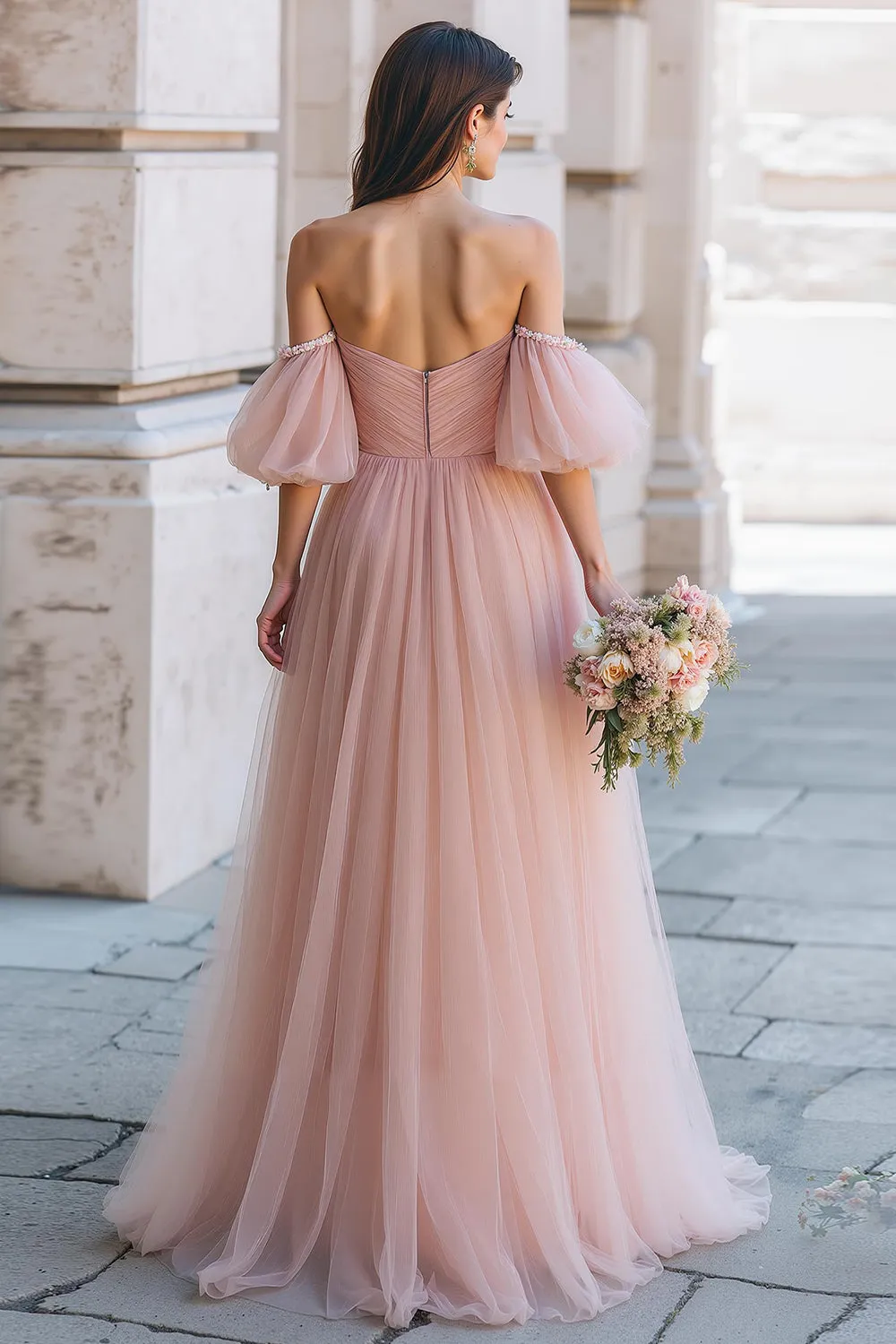 Off The Shoulder A-Line Dusty Rose Tulle Long Bridesmaid Dress with Flutter Sleeves sold by Wedtrend product image thumbnail 2