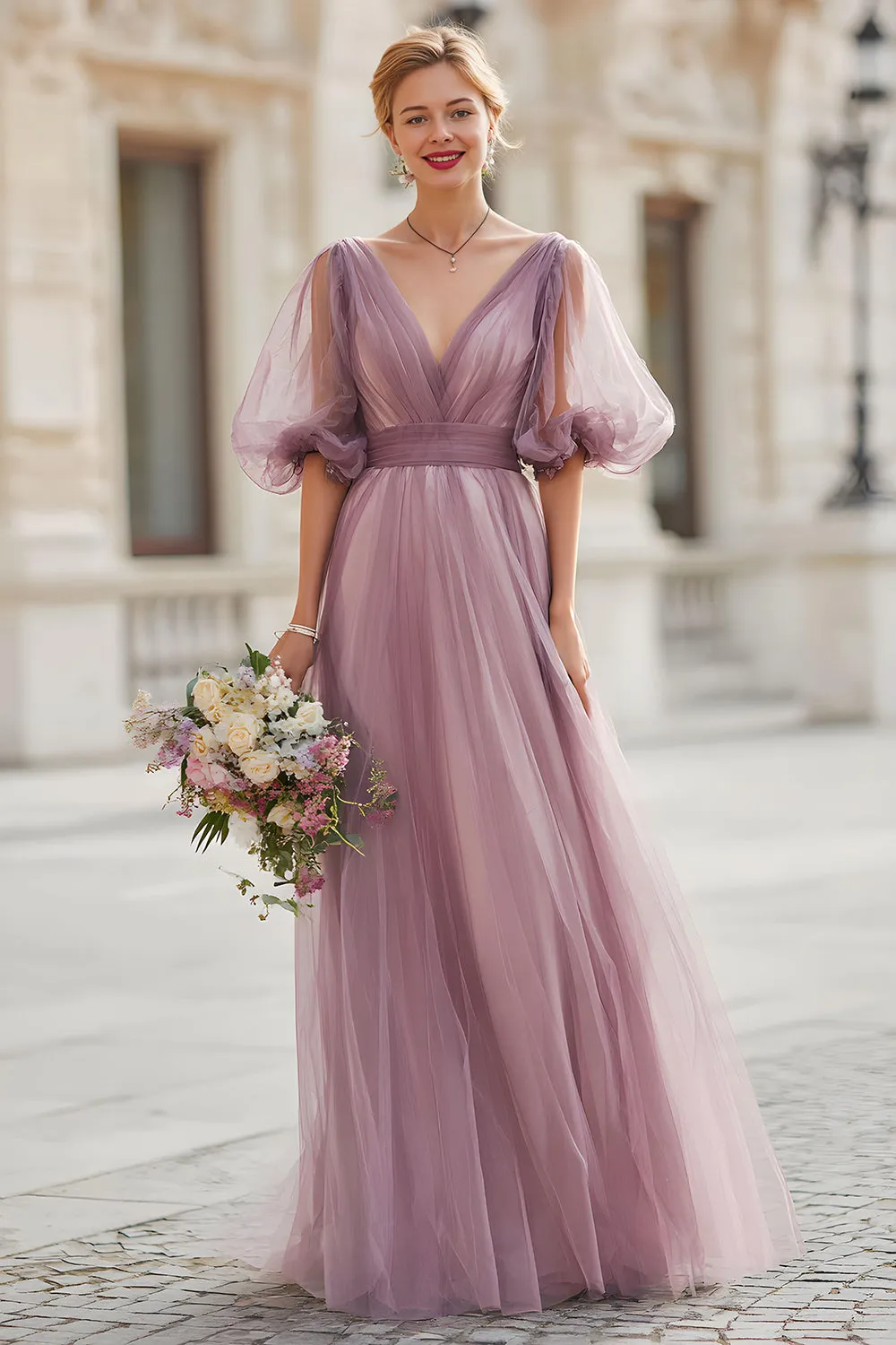 Vintage Mauve A-Line V-Neck Pleated Tulle Long Bridesmaid Dress with Puff sleeves sold by Wedtrend