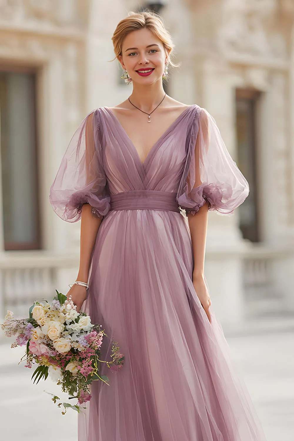 Vintage Mauve A-Line V-Neck Pleated Tulle Long Bridesmaid Dress with Puff sleeves sold by Wedtrend product image thumbnail 2