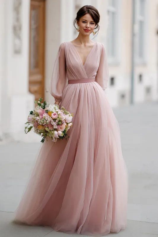 Dusty Rose A-Line Puff Sleeves Tulle V-Neck Long Bridesmaid Dress made by Wedtrend