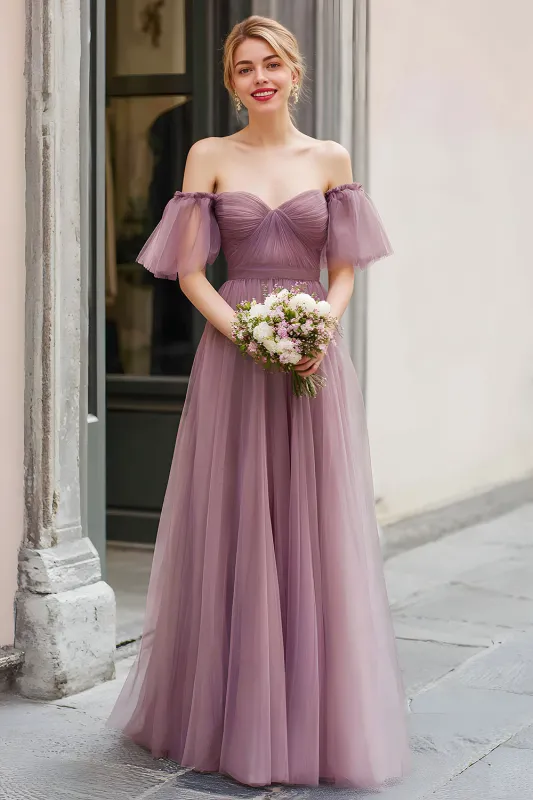 Elegant A-Line Vintage Mauve Off The Shoulder Pleated Bridesmaid Dress made by Wedtrend