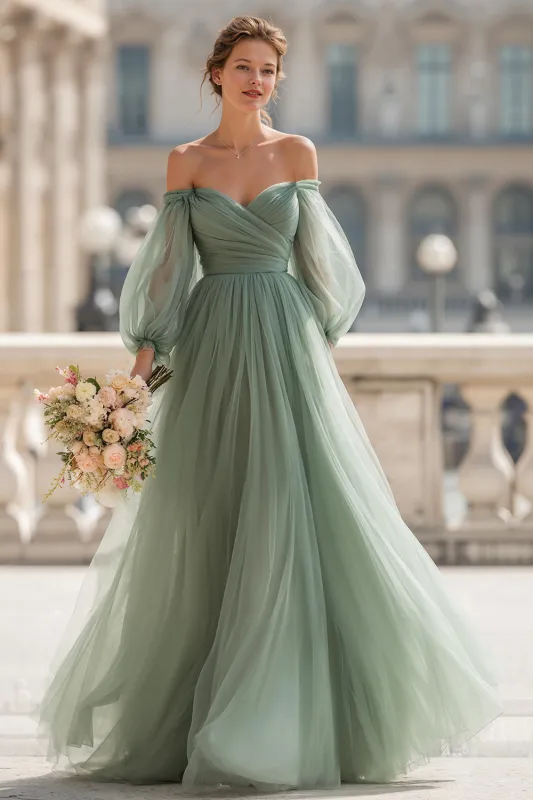 Ruched A-Line Off The Shoulder Eucalyptus Bridesmaid Dress sold by Wedtrend