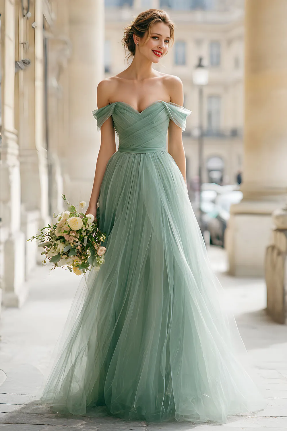 Pleated Eucalyptus A-Line Off The Shoulder Bridesmaid Dress sold by Wedtrend