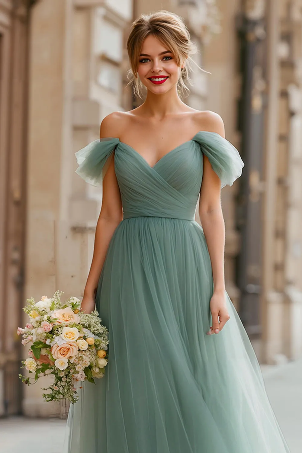 Eucalyptus A-Line Off The Shoulder Ruched Tulle Bridesmaid Dress sold by Wedtrend product image thumbnail 3