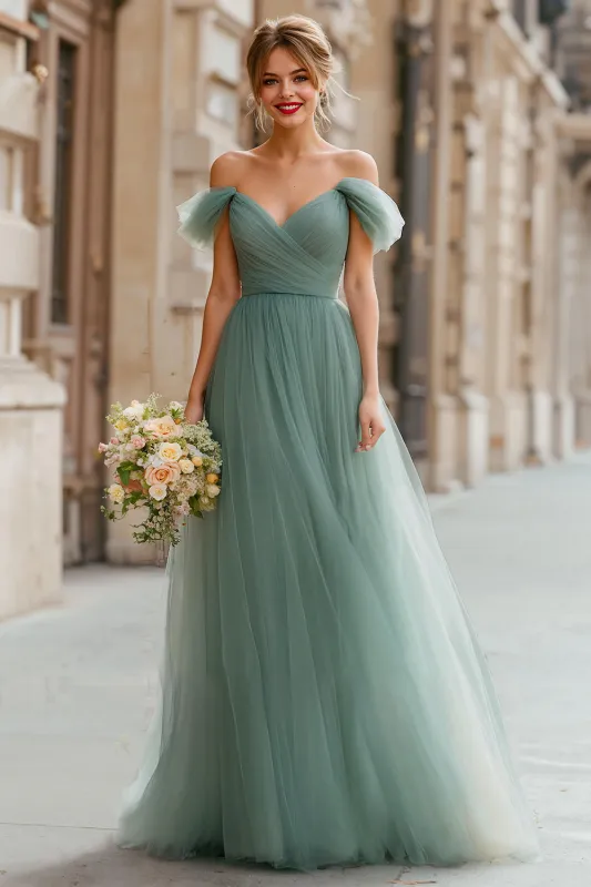 Eucalyptus A-Line Off The Shoulder Ruched Tulle Bridesmaid Dress made by Wedtrend