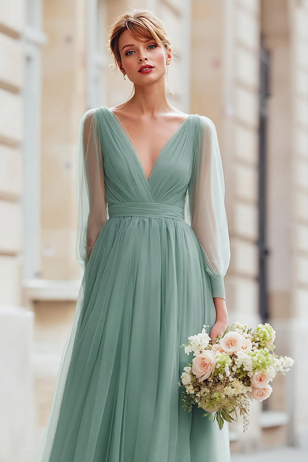 Eucalyptus A-Line V-Neck Pleated Long Bridesmaid Dress sold by Wedtrend product image thumbnail 3