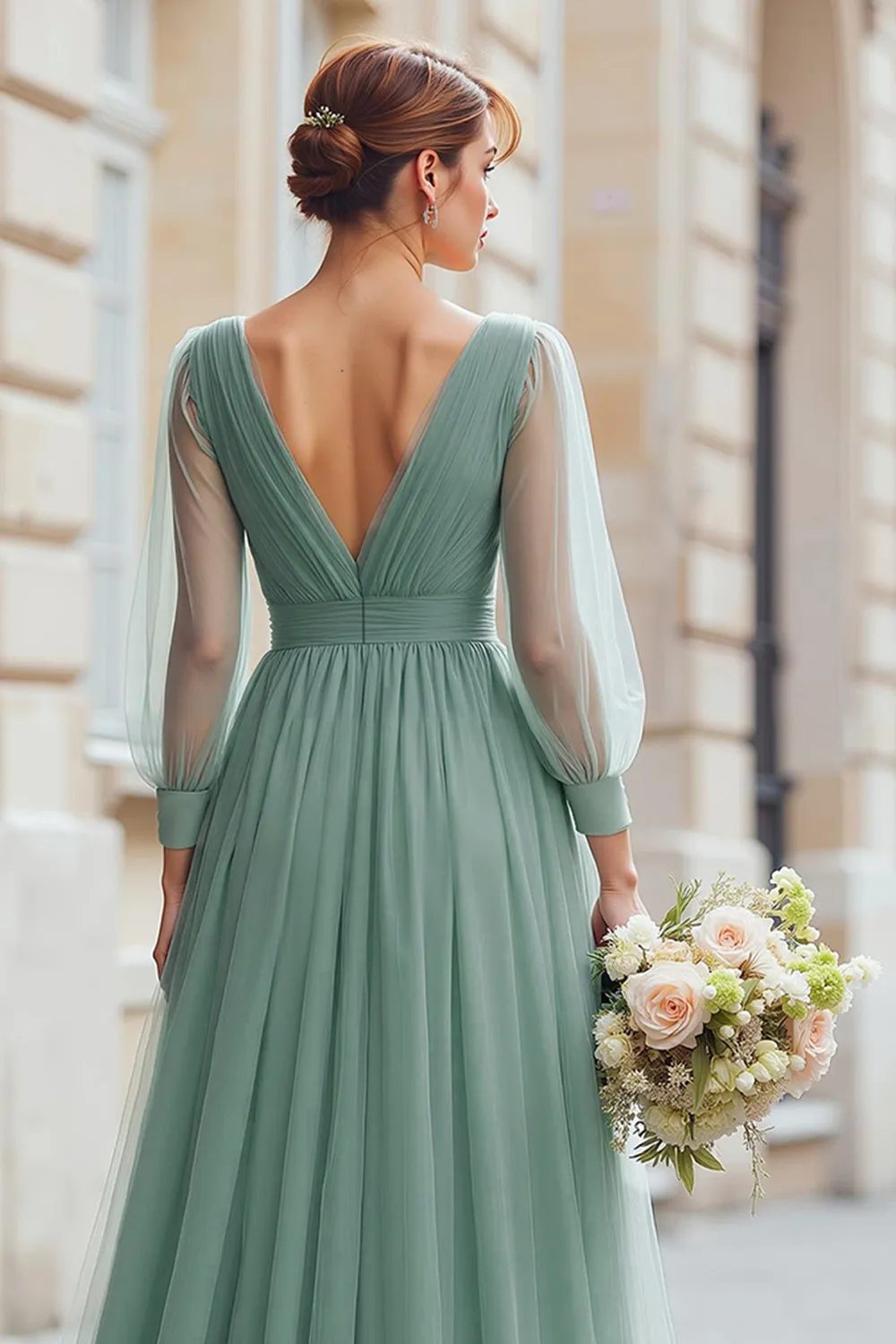 Eucalyptus A-Line V-Neck Pleated Long Bridesmaid Dress sold by Wedtrend product image thumbnail 4